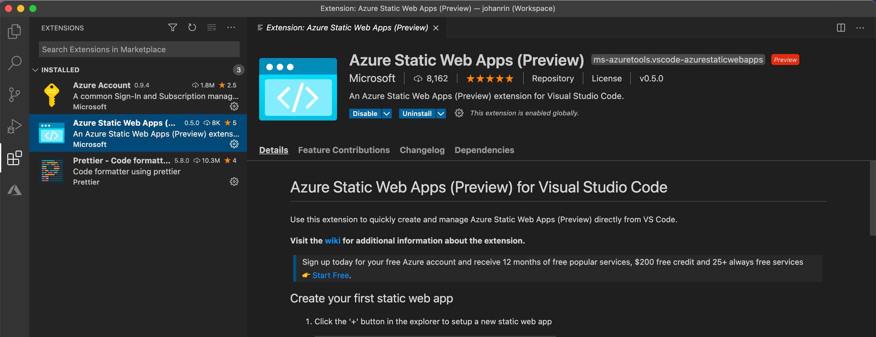 Azure Static Web Apps extension