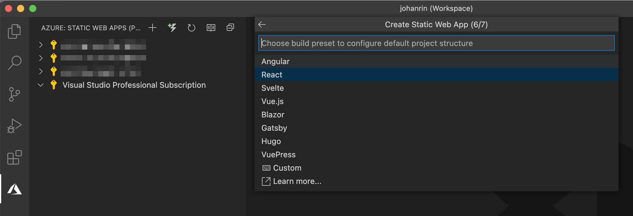 Select React as build preset